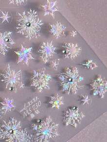 水晶雪花星星5D美甲贴纸，金属光泽，蓝粉色，冬季圣诞雪景艺术贴纸，镶嵌水钻，打造优雅美甲 - 彩色 - 查看 2