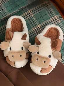 1 Pair Unisex Cartoon Cow Flat Slippers, Suitable For Autumn/Winter