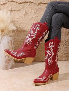 Damen Stickerei Knöchel Stiefel & Overknee Stiefel, Schlüpfen, modischer Plateau Absatz Spitzschuh, bequeme Lederstiefel für Herbst/Winter