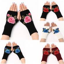 قفازات بدون أصابع أنيقة ذات طبعات زهرية، أغطية ذراع مصنوعة من الأكريليك الجديدة للنساء، قفازات نصف الأصابع دافئة للخريف/الشتاء