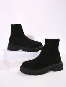 Black Slip-On Fabric Motorcycle Boots, Fashionable & Elegant For Office Wear, Autumn/Winter New Design With Patchwork, Flat Ankle Boots For Women - Black - View 6
