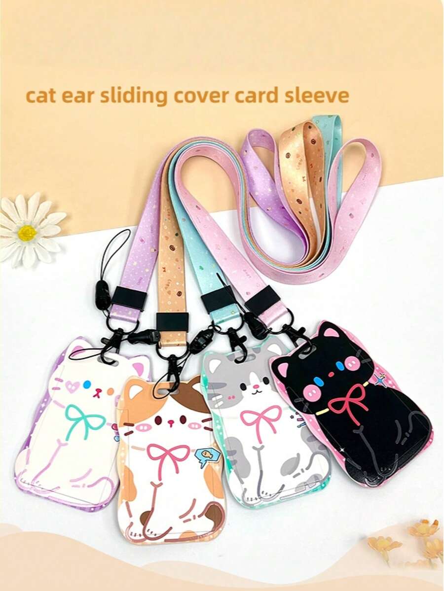 1 pieza Estuche para tarjetas con diseño de gato de ABS, Estuche protector anti-pérdida para tarjeta de identificación de estudiante, Bolsa para tarjeta con cordón - Multicolor - Ver 1