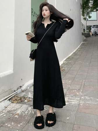 Women's Casual Everyday Commute Simple Solid Color Half-Button Front Waist Cinched Long Dress, Spring/Autumn