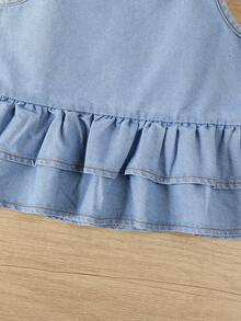 Bộ trang phục mùa hè cho bé gái - Áo denim nhún bèo không tay kết hợp với quần short denim giặt thường ngày viền ren, thích hợp cho du lịch mùa hè, đi biển hoặc mặc hàng ngày - Rửa nhẹ - Xem 5