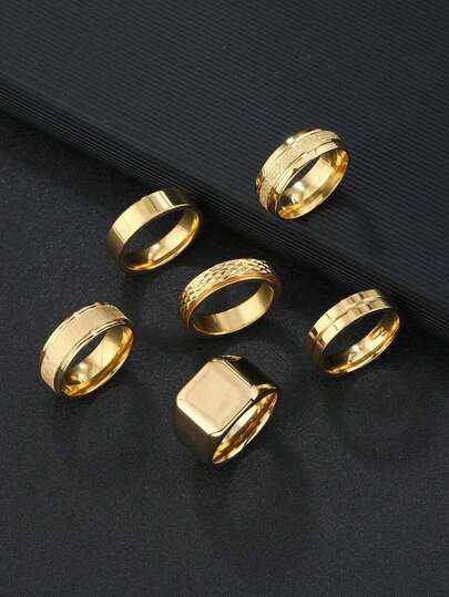 6pcs Stainless Steel Rhombus Decor Gold Color Men's Ring Set, Suitable For Daily Wear, Jewelry Gift