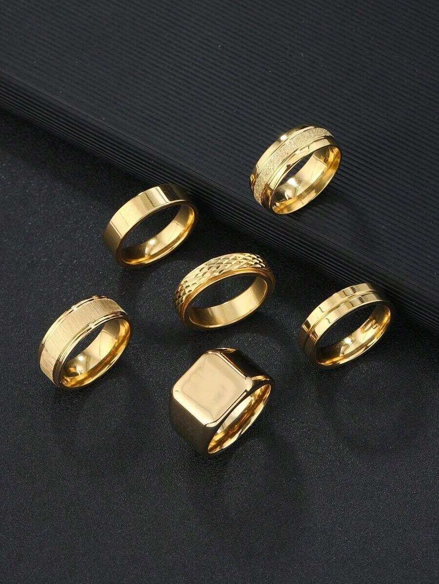 6pcs Stainless Steel Rhombus Decor Gold Color Men's Ring Set, Suitable For Daily Wear, Jewelry Gift MRZY - 多色的 - 查看 1