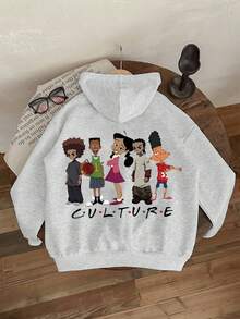 1pc Teen Girl Nostalgic Cartoon Culture Pattern Sweatshirt, Eye-Catching, School Activity Style, Soft And Comfortable, Daily Leisure Wear - Grey - View 3