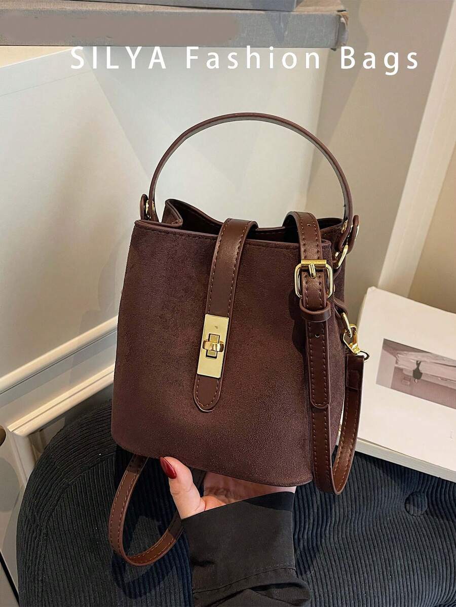 女士休闲斜挎水桶包 - 纯色，双层绒面材质手提包，磁扣，可调节肩带单肩包 - 轻巧设计，适合通勤、休闲和约会，风格简约，用途广泛，咖啡棕色，绒面包，冬季、秋季必备