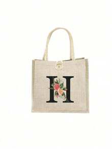 1 Stück Leinen Blumen Buchstaben Handtasche, einfache Handtasche mit großer Kapazität, tragbare lässige Aufbewahrungstasche, multifunktionale Einkaufstasche, personalisiertes Geschenktasche, geeignet für Hochzeiten, Geburtstage, Strände, Festivals, perfekte Geschenke für Frauen, Lehrer, Freunde, Brautjungfern, große Taschen, Studenten und Schulanfang, beste Lehrergeschenke für den Lehrertag, beste Geschenke zur Wertschätzung von Lehrern
