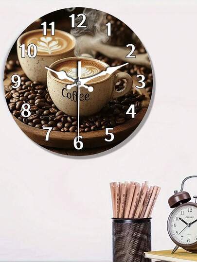 1pc Coffee Lover's Silent Non Ticking Wand Klok Latte Art Cup, Steam Effect Moderne Kitchen, Cafe Artificial Wood/Plastic Ho warming Enthusiasts (AA Batteries Not Included) ative Bean Accent Clock, Home ation, Cozy Aesthetic, Highquality Finish, Kitchen ators view 2