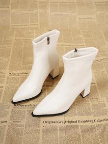 秋冬新款英伦风女式真皮踝靴，简约白色优雅粗跟踝靴，复古尖头金属侧拉链靴，粗跟切尔西靴，美式中跟西部靴，时尚短筒靴 - 白色 - 查看 3