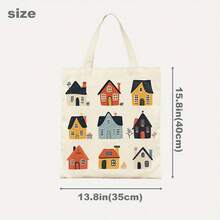 1pc Cartoon House Illustration Canvas Tote Bag - 13.8x15.8 Reusable Grocery Bag, Durable Polyester Canvas With Leak-Proof Design, Colorful Whimsical Houses Pattern Daily Commute, School, Shopping - House Lovers (Mother's Day, Graduation, Easter), Everyday Carryall, Sturdy Construction, Students And Commuters