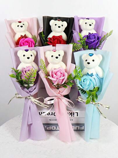 6pcs/1pc Artificial Rose Bouquet With Teddy Bear - Adorable Floral Arrangement In Six Colors, Ideal For Graduation, Mother's Day, Home Decor, And Romantic Surprises