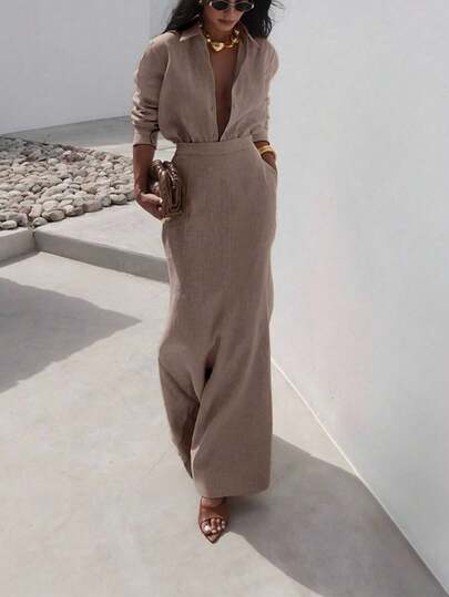 Women's Solid Color Long Sleeve Shirt And Midi Skirt Casual Outfit, Autumn Spring