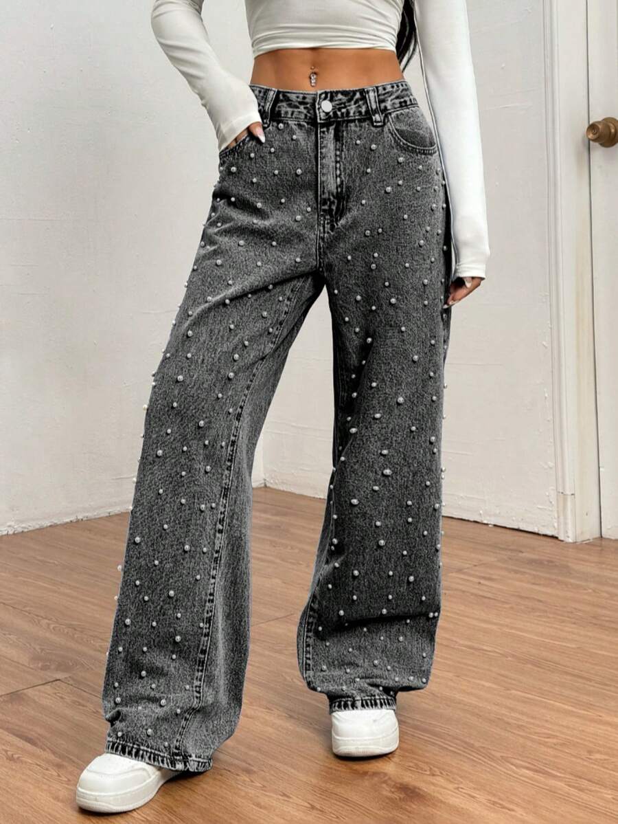 Women's Fashionable Pearl Embellished Wide Leg Jeans
