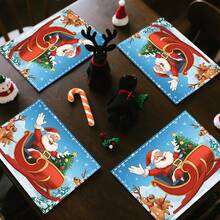 1 set/1 pieza/4 piezas/6 piezas Manteles individuales con estampado de trineo de renos navideños, manteles individuales rectangulares de poliéster lavables a máquina, protectores de mesa, manteles individuales termoaislantes, decoraciones de mesa de restaurante, suministros para fiestas, decoraciones navideñas que pueden regalarse
