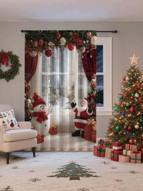 1 Stück Weihnachtskugel & Elementmuster hochwertige dekorative Gardinenstange zum Aufhängen, ganzjährig verwendbar für Außen, Pavillon, Schlafzimmer, Küche, Büro, Arbeitszimmer, Wohnzimmer - halbtransparenter Vorhang (100g Stoffgewicht)