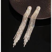 2pcs Bride Decor Long Tassel Earrings, Copper Zirconia Stone, Unique Design Elegant Earrings Suitable For Wedding, Formal Dress