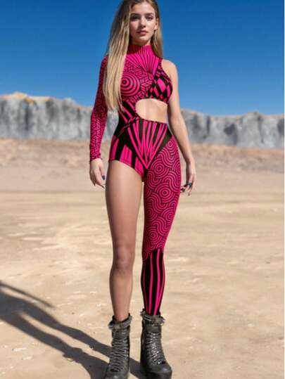 Combinaison sexy pour femme, ajustée, asymétrique, pour performance, vacances, imprimée, manches longues