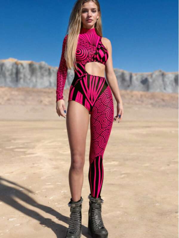 Combinaison sexy pour femme, ajustée, asymétrique, pour performance, vacances, imprimée, manches longues