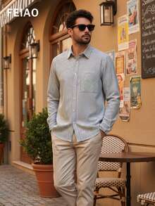 Men's Retro American Casual Striped Long Sleeve Shirt, Versatile And Suitable For All Seasons - Blue - View 3