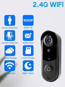WiFi Doorbell Camera Wireless, Wireless Indoor Chime, 1080P Live Video, 1080P Night Vision, Free Cloud Storage, 32GB Micro SD Card, Motion Detection And Ai Human Detection, 2.4Ghz WiFi Only, Weather Resistance, Easy To Installation - màu đen - Xem 2