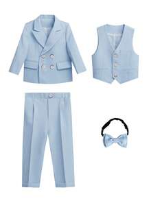 3 件套年轻男孩绅士西装套装：西装外套 + 裤子 + 领结，演出服，婚礼花童，学校假期正式服装 - 藍色 - 查看 5