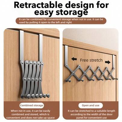 Rozkładany wieszak, 4 haki z tyłu drzwi, montaż bez śrub, stal węglowa z powłoką antykorozyjną, duża nośność, porządkowanie ubrań, oszczędność miejsca, odpowiedni do salonu/sypialni/łazienki