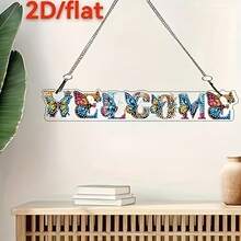 1pc 2D/Flat Acrylic Diamond Painting Decor, Special Shape Diamond Mosaic Product With "WELCOME" Letter Pattern, Special Shape Crystal Diamond Pendant Chain Inlay Craft, Suitable For Outdoor Garden Door Wall Hanging Art