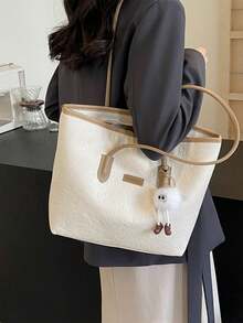 大容量女士时尚多功能单肩包，新款帆布手提包，时尚设计，适合上学、通勤和购物（不含吊坠） - 卡其色 - 查看 8