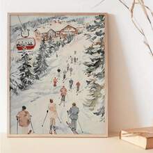1pc Vintage Winter Ski Scene Watercolor Poster - Unframed, Scenic Snowy Landscape With Skiers And Gondolas, Ideal For Home Or Office Decor, Perfect For Christmas, Easter, Valentine'S Day, Anniversaries, And Beach Parties, Vibrant Wall Art For Indoor Or Outdoor Use, Winter Wonderland Decor Home Decor Christmas Decorations Room Decor