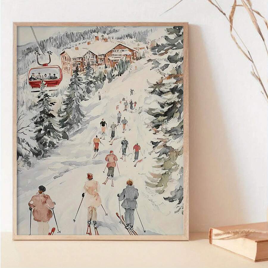 1pc Vintage Winter Ski Scene Watercolor Poster - Unframed, Scenic Snowy Landscape With Skiers And Gondolas, Ideal For Home Or Office Decor, Perfect For Christmas, Easter, Valentine'S Day, Anniversaries, And Beach Parties, Vibrant Wall Art For Indoor Or Outdoor Use, Winter Wonderland Decor Home Decor Christmas Decorations Room Decor