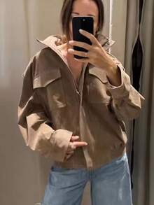女士拉链宽松外套，新款时尚高领长袖口袋装饰拉链街头风外套 - 卡其色 - 查看 3