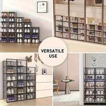 24 Pieces Of Thickened Transparent Covered Shoe Boxes, Foldable And Stackable Shoe Racks, Space-Saving Storage Boxes, Freely Combinable Plastic Sports Shoes Storage Boxes, Suitable For The Entrance Hall, Bedroom And Home - 24格*黑色 - 查看 4