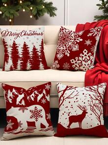 1pc/4pcs Christmas Snowflake, Holly, Reindeer Print Linen Throw Pillow Cover, 17.7*17.7inch/45X45cm, Decorative Pillow Case For Room, Bedroom, Sofa (No Pillow Insert)