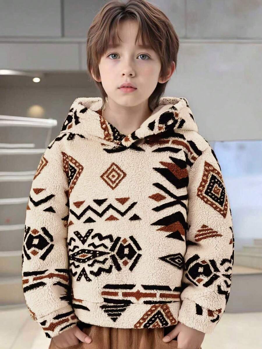 Felpa con grafica geometrica in pile per ragazzi 8-12 anni, felpa casual con maniche lunghe in morbido pile, adatta per uscite informali, shopping, inverno