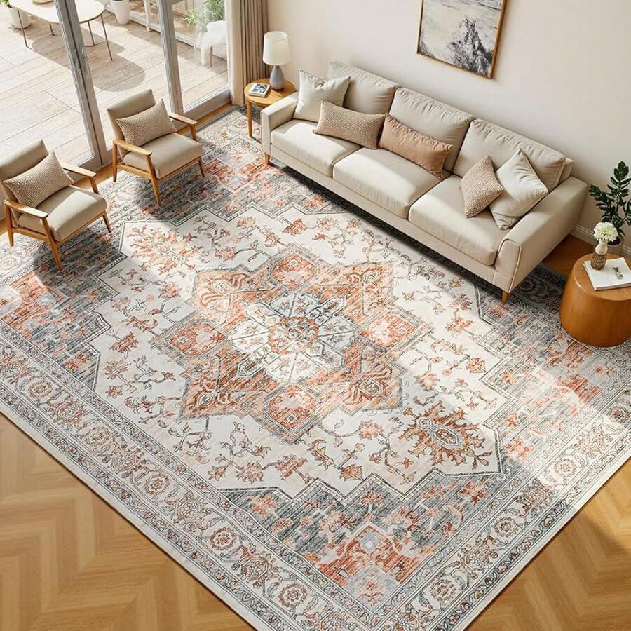 Washable Area Rug 5x7 - Soft Faux-Wool Area Rug Living Room Bedroom, Boho Vintage Floral Medallion Non-Slip Low Pile, Pet Friendly, Blue White - 橘白 - 查看 1