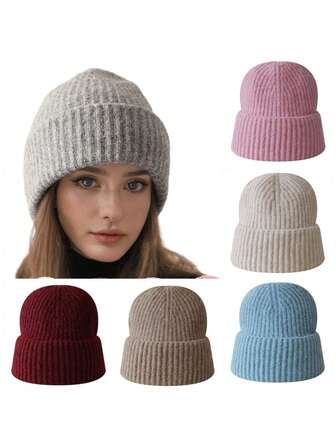 1pc Rolled Brim Knit Hat, Minimalist Solid Color Oversized Unisex Warm Ear Protection Beanie For Autumn/Winter