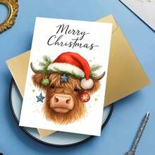 1pc Charming "Merry Christmas" Cow Card, Festive Highland Cow Art, Paper Made, Suitable For Sending Holiday Cheer To Friends & Family, Sweet Christmas - Themed Note, Comes With Envelope - Multicolor - View 5