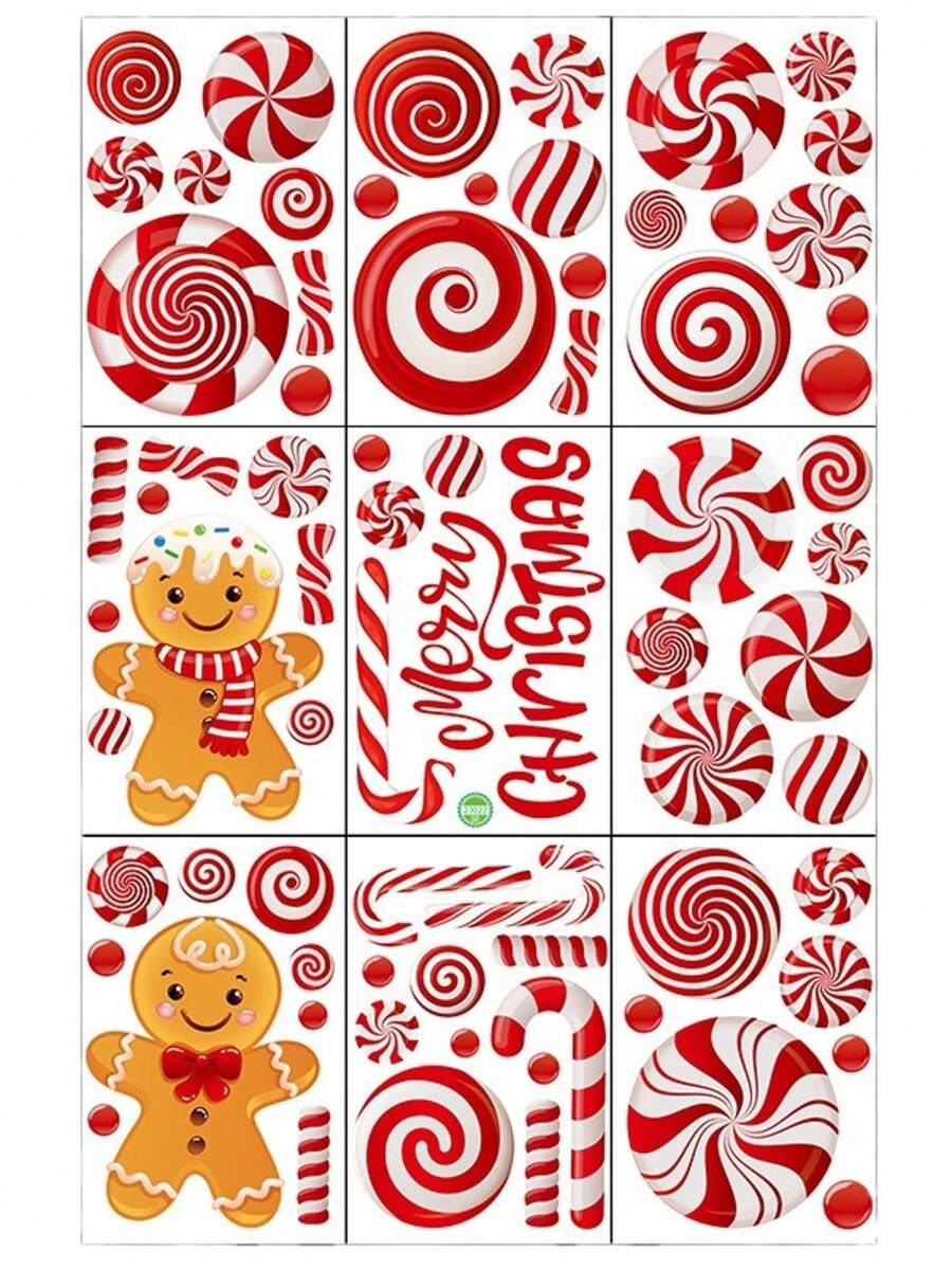 Weihnachts-Lebkuchenmann Zuckerstange Fröhliche Weihnachten Muster Statische Abziehbilder, einfach anzubringen und ohne Kleber zu entfernen, geeignet für Einkaufszentren, Büros, Wohnzimmer, Esszimmer, Schlafzimmer, glatte Glasoberflächen
