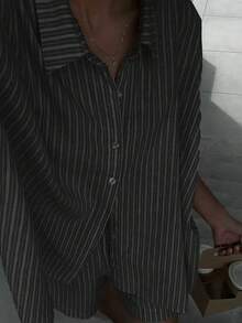 VIVINA 女士时尚休闲度假两件套，亚麻条纹翻领短袖开衫衬衫上衣和松紧腰口袋短裤，女士休闲度假装