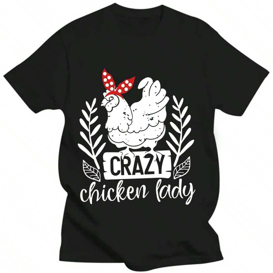 Chicken Print Crew Neck T-Shirt, Casual Short Sleeve T-Shirt For Spring & Summer, Women's Clothing - 黑色 - 查看 1