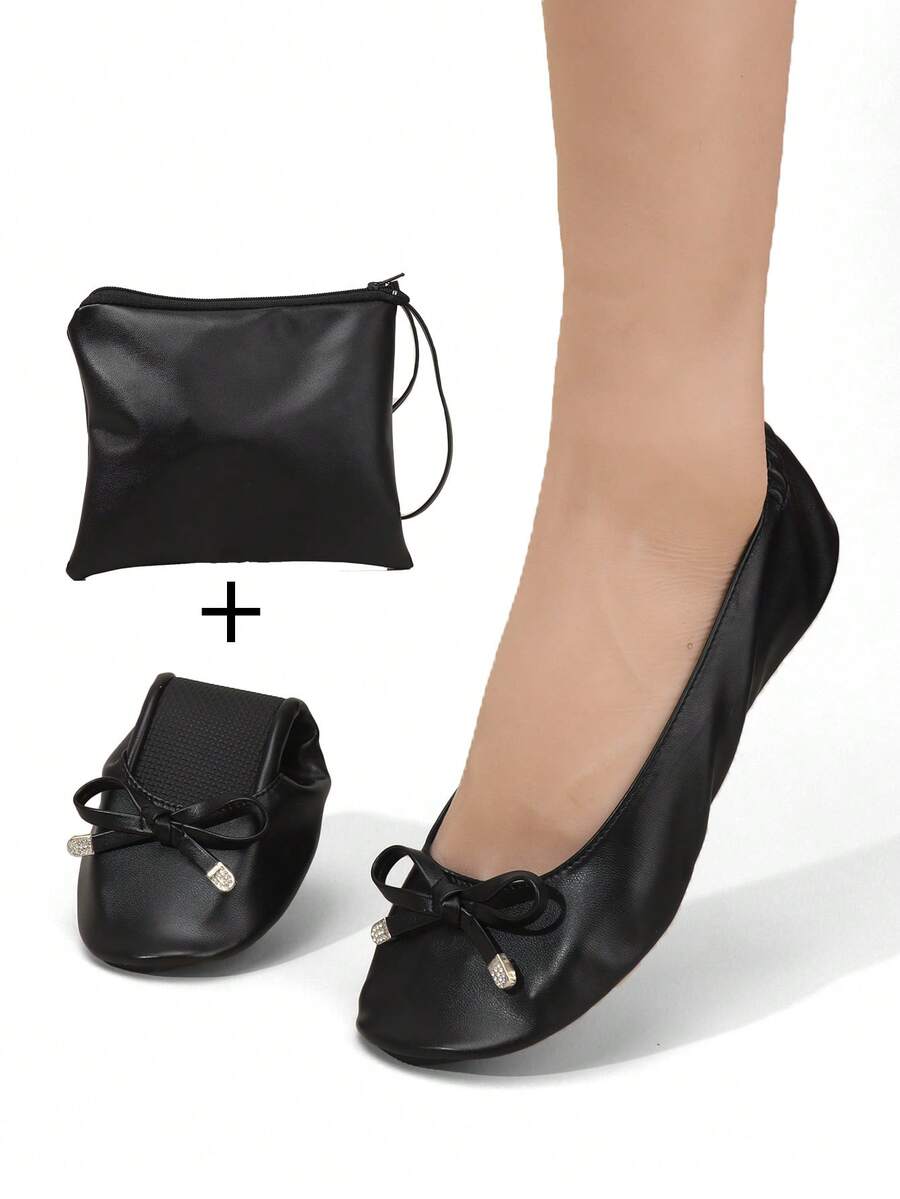 四季新款轻盈赤足软底蝴蝶结装饰多功能芭蕾平底鞋，可折叠套穿式室内/舞蹈鞋，女士款，附赠配套收纳袋