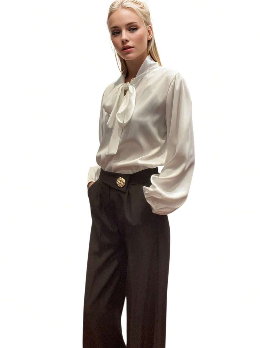 Calça elegante de poliéster com botões dourados, ideal para casamento, escritório e outono.