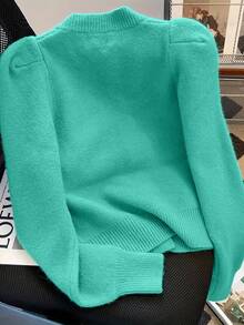 Chic Loose Knit Cardigan For Women, Puff Sleeve, Spring/Autumn,Long Sleeve Tops - Green - View 2