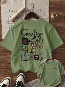 女式夏季卡通和口号图案圆领短袖 T 恤，休闲宽松百搭假日风格绿色上衣，时尚夏季服装适合日常假日穿着，卡罗琳和幽灵图案 - 草綠色 - 查看 2