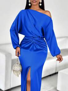 AIJ Đầm dự tiệc ôm sát cơ thể, màu trơn thanh lịch, lệch vai, thắt nút xoắn phía trước, xẻ tà cao của Amarilo dành cho nữ. - Xanh đậm - Xem 5