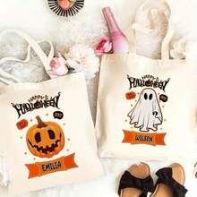 Geantă de Halloween personalizată - Geantă de pânză cu nume personalizat "Trick Or Treat", cu modele de dovleac, liliac și pânză de păianjen - Cadou de Halloween durabil pentru adolescenți, potrivită pentru petreceri costumate și "Trick Or Treat", Geantă de Halloween personalizată pentru adolescenți.