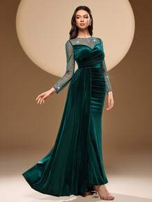 Elisanya Women's Solid Color Round Neck Mesh & Velvet Patchwork, Heavy Rhinestone Decor, Ribbon Tie Elegant Maxi Long Sleeve Dress, Suitable For Parties, Banquets, Galas - Dark Green - View 4