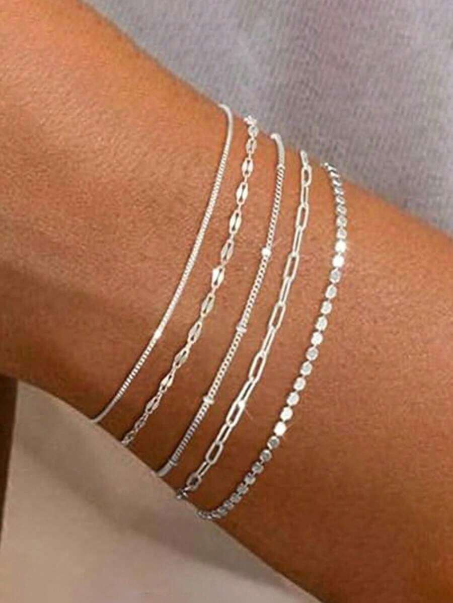 5pcs/Set Elegant Silver-Tone Layered Bracelets Women, Minimalist Jewelry (Bead Quantity On Chain Is Random, But Length Is Fixed) OUBO - 黃金5件裝 - 查看 1